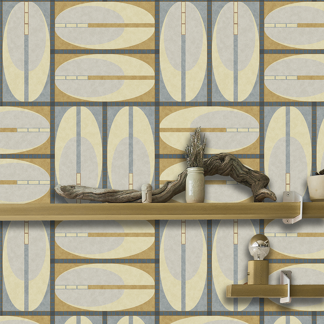 The artwork features a repeating geometric pattern of symmetrical shapes resembling elongated, curved diamonds or petals in various shades of blue and green. Each shape is split vertically with one half filled with a light blue and the other half filled with green or darker blue. The background is a light, almost pastel blue, which provides a soft yet vibrant backdrop. One of the blue shapes near the upper left contains a white starburst element, adding a focal point of brightness to the composition. The overall design conveys a modern, mid-century aesthetic with clean lines and harmonious color contrasts.